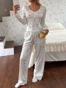 CottageSlumber Women's V-Neck Button Decor Christmas Cherry & Bow Print Knit Long Sleeve Pants Pajama Set - Beige - View 3
