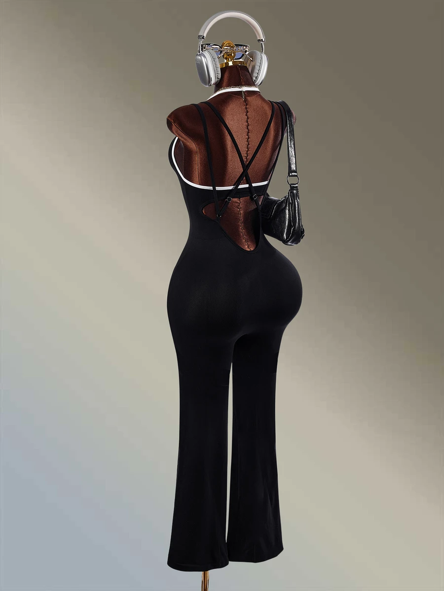 Amplova Women's Black & White Contrast Color Long Flare Leg Sports Jumpsuit