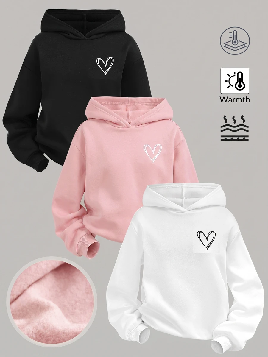 SHEIN Girlism 青少年女孩 3 件套 寬鬆休閒愛心印花 柔軟舒適 秋季連帽衫套裝,冬季 - 粉色 - 查看 1