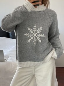 DAZY Women's Colorblock Snowflake Jacquard Loose Long Sleeve Casual Retro Christmas Korean Style Fall/ Pullover Knit Sweater Everyday Grey - Grey - View 1