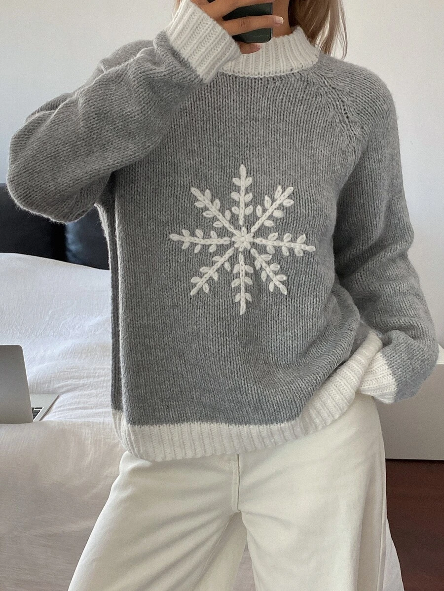 DAZY Women's Colorblock Snowflake Jacquard Loose Long Sleeve Casual Retro Christmas Korean Style Fall/ Pullover Knit Sweater Everyday Grey - Grey - View 1