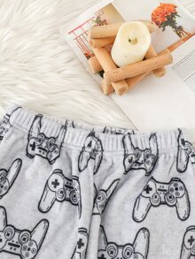 SHEIN 2件組兒童青少年男孩休閒日常百搭舒適刺繡圖案法蘭絨圓領套頭長袖上衣與寬鬆收口睡褲居家服套裝 - 灰色 - 查看 5