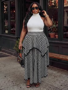 Slaydiva Rok Panjang Asimetris Berlapis Ganda Motif Houndstooth Hitam Putih untuk Kencan Harian, Ukuran Plus - Hitam dan Putih - View 11