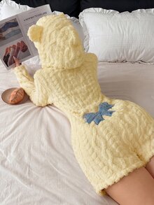 Napfluff Women's Animal-Shaped Hooded Bow Jacquard Velvet One-Piece Pajamas - Yellow - View 4
