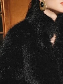 Anewsta Premium Stand Collar Faux Fur Coat, Autumn/Winter Faux Fur & Fur Patchwork Jacket - Black - View 2