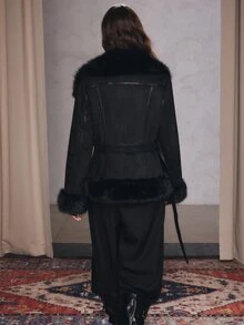 Anewsta Women Faux Shearling Jacket With Faux Fur Collar, Belted Waist & Asymmetric Zip - Black - View 7