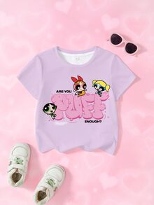 THE POWERPUFF GIRLS X SHEIN Young Girl Letter Cartoon Print Casual Daily Short Sleeve T-Shirt - White - View 1