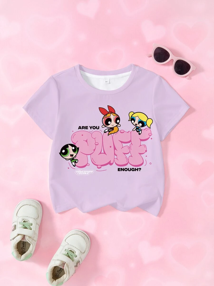 THE POWERPUFF GIRLS X SHEIN Young Girl Letter Cartoon Print Casual Daily Short Sleeve T-Shirt - White - View 1