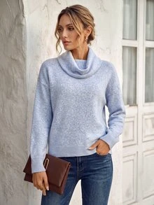 Faunlyn Cowl Neck Drop Shoulder Pullover Sweater, Soft Knit Relaxed Fit Long Sleeve Jumper For Fall Winter - Blue - View 1