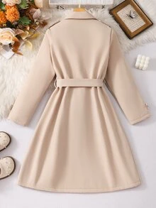 SHEIN 女童 8-12 歲保暖內裡中長款風衣，卡其色雙排扣收腰外套，休閒簡約日常穿著，適合外出與上學 - 卡其色 - 查看 2