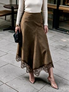 Modelyn Women's Brown Woven Lace Patchwork Asymmetrical Hem Lace Trim Elegant Skirt - Brown - View 8