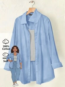 SHEIN BASICS Plus Size Autumn Casual Versatile Solid Color Shirt - Blue - View 1