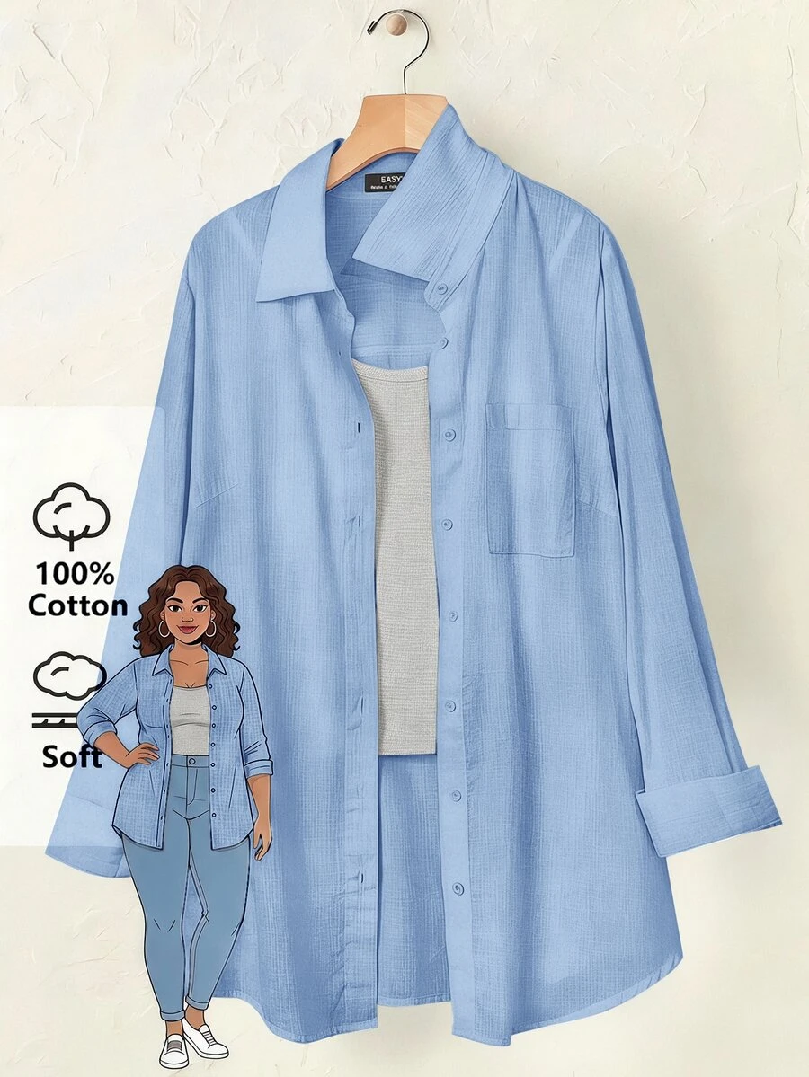 SHEIN BASICS Plus Size Autumn Casual Versatile Solid Color Shirt - Blue - View 1