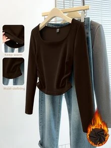 SHEIN Raffinéa 女款秋冬深棕色圓領長袖上衣，腰部抓皺修身保暖底層，時尚場合穿搭，適合日常通勤居家 - 棕色 - 查看 1