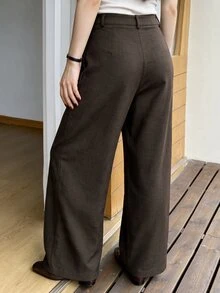 SHEIN PariChic Women's Solid Color Button & Zipper Casual Versatile Wide Leg Pants, Commuter Outfit - Brown - View 2