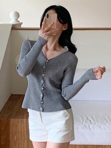 DAZY Women's Exquisite Style Pearl Button Lace Trim Fitted Sweater - Grey - View 5