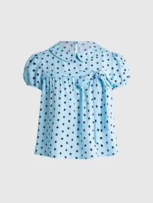 ROMWE Blus Slimming Wanita Model Kawaii Kerah Peter Pan Vintage Polka Dot dengan Hem Mengembang untuk Musim Semi/Panas - Mint Blue - View 1