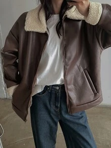 DAZY Women's Colorblock PU Leather Fashion Versatile Long Sleeve Leather Jacket - Brown - View 1