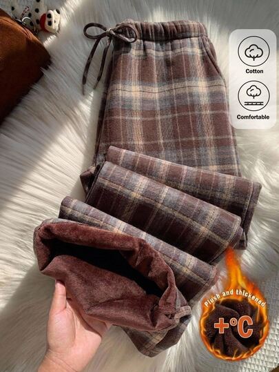 Comfortcana Kadın Bel Bağlamalı Termal Astarlı Ekose Geniş Paça Bol Uzun Pantolon