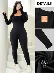 Solflare Plus Size Autumn/Winter Casual Solid Color Slim Fit Jumpsuit - Black - View 6