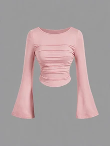 SHEIN MOD 女款純色百褶休閒日常穿著喇叭袖T恤 4件/組 - 彩色 - 查看 6