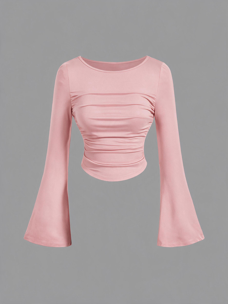 SHEIN MOD Women's Solid Color Pleated Casual Daily Wear Bell Sleeve T-Shirts 4pcs/Set - Multicolor - View 6