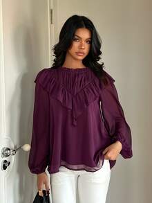 Aloruh Blus Wanita Model A-Line Berkerut dengan Kerah Bulat dan Lengan Kelopak, Motif Boho Ungu Tua, Motif Liburan, dan Hiasan Pagar. - Red Violet - View 7