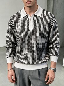 TONEVAULT Men's Striped Polo Collar Long Sleeve Casual Sweatshirt - Black and White - View 3