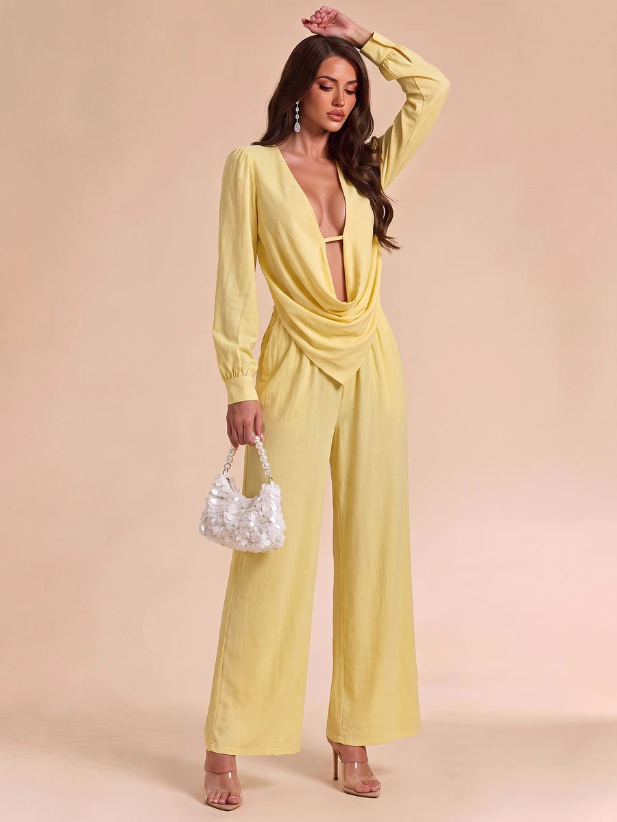 Bluhae Fashionable New Autumn Sexy Cowl Neck Long Sleeve Blouse & Straight Leg Pants Women's Set - Yellow - View 1
