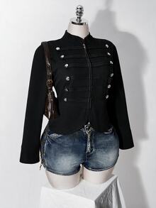 SHEIN ICON 女款大尺碼休閒百搭日常穿著長袖外套 秋季 - 黑色 - 查看 9