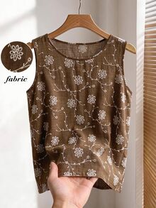 Rusticease 女款刺繡圓領休閒鄉村風百搭背心，棕色花卉度假夏季款 - 棕色 - 查看 5
