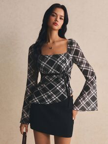 Poéselle 女款格紋方領喇叭袖綁腰時尚上衣 - 黑與白 - 查看 4