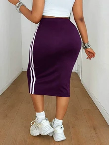 Mawevolt Damen Große Größen Lässig Reines Schwarz Gestrickter Hoch-Elastischer Stoff Seiten Kontrastfarbe Band Design Enger Bodycon Rock Vielseitiger Schwarzer Rock Große Größen Lässiges Outfit Damen Große Größen Neuer Stil Party Zusammenkunft Nacht Date Modeartikel Vielseitiger Rock - Violett - Übersicht 6