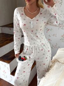 CottageSlumber Women's V-Neck Button Decor Christmas Cherry & Bow Print Knit Long Sleeve Pants Pajama Set - Beige - View 4