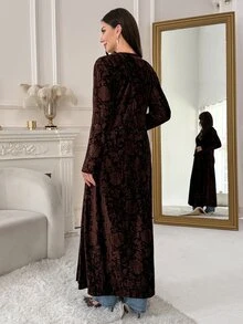 Yasmyna Women's Elegant Jacquard Long Sleeve Abaya - Brown - View 5