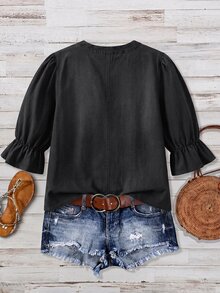 EMERY ROSE EMERY ROSE Plus Size Women's Solid Color Casual Daily Denim Top - Black - View 2