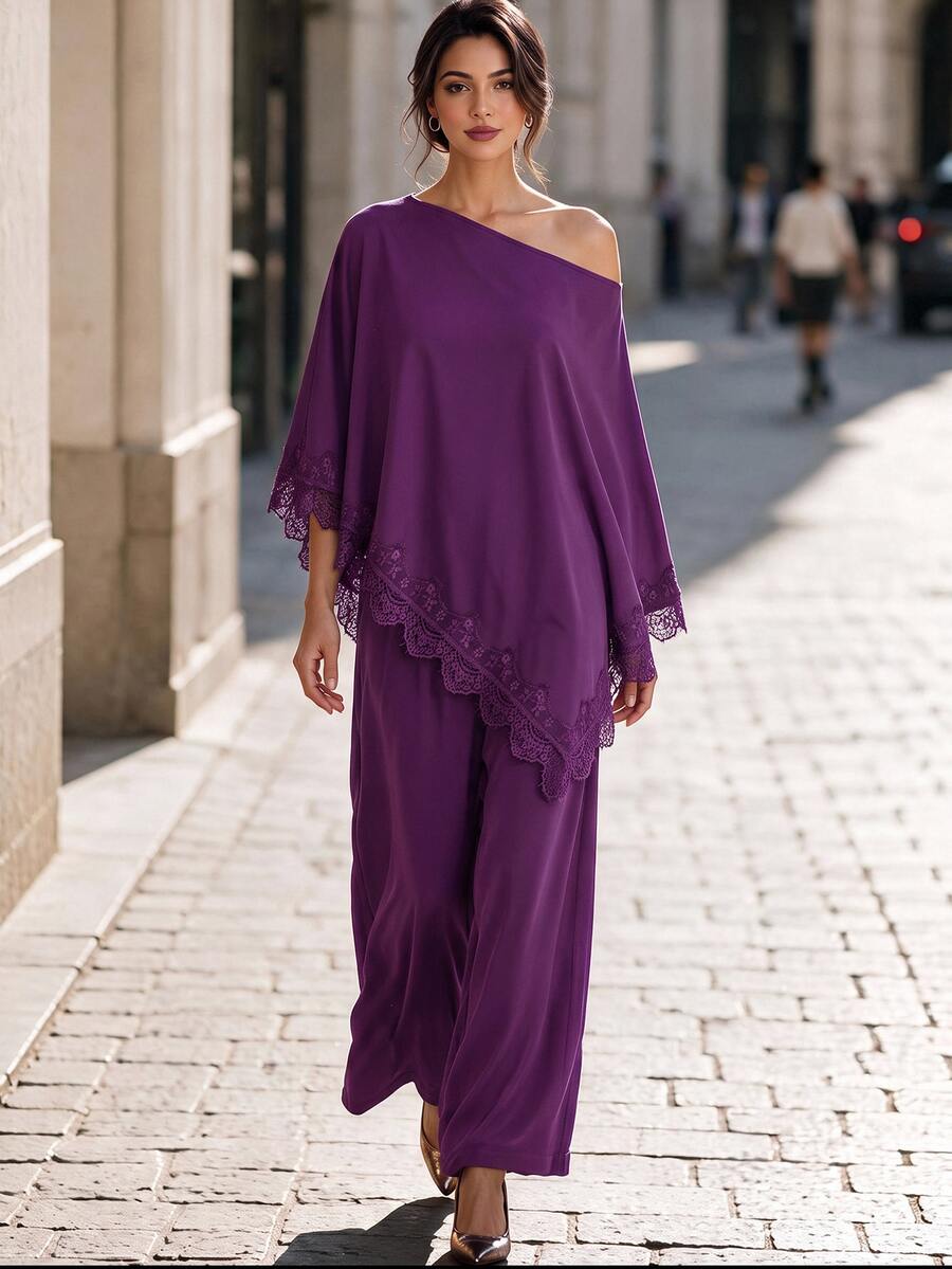 Editum Women's Asymmetrical Lace Patchwork One-Shoulder Top And Loose Pants 2 Pieces Set - Purple - View 1