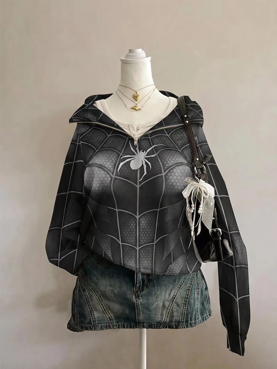SHEIN EZwear 女款蜘蛛印花長袖半拉鍊深色時尚風運動衫,萬聖節蜘蛛網運動衫,秋季運動衫,適合日常通勤、派對、秋冬/夏季、聖誕節、新年、感恩節、派對、婚禮、海灘、畢業典禮、優雅、外出、約會、通勤、情人節、優雅、Y2K - 彩色 - 查看 1