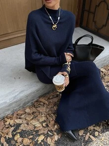 Livesso Women's Autumn Casual Solid Color Batwing Sleeve Sweater & Knitted Skirt 2pcs Set - Navy Blue - View 6