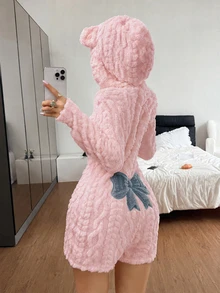 Napfluff Women's Animal-Shaped Hooded Bow Jacquard Velvet One-Piece Pajamas - Pink - View 2