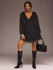Freevana Elegant Women Chiffon Black Polka Dot Deep V-Neck Ruffle Long Balloon Sleeve Flowy Short Dress - Black - View 6