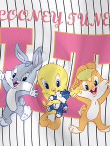 LOONEY TUNES X SHEIN Baby Girl Striped Cartoon Print Round Neck Short Sleeve Top - White - View 6