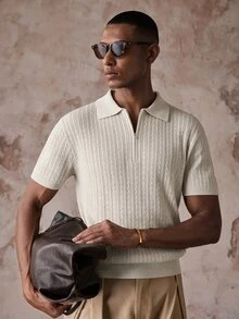 AKNOTIC Men's Fashion Half-Zip Short Sleeve Knit Top - Apricot - View 3