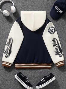 SHEIN Boys' Autumn/Winter Fleece Hooded Letter Print Jacket, Campus Jacket, Sports Jacket - Navy Blue - View 2