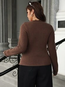 Vionelle Plus Size Women's Lace V-Neck Criss-Cross Wrap Knit Top Side Ruched Button Waist Long Sleeve Slim Fit Undershirt Party Formal Brown Autumn Elegant - Coffee Brown - View 2