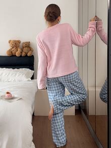 Napfluff Pullover Flanel Warna Polos, Celana Lengan Panjang Motif Kotak-kotak, Pakaian Santai - MultiWarna - View 2