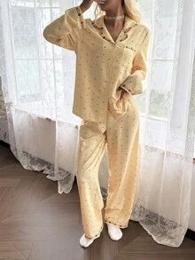CottageSlumber Soft Sweet Pale Yellow Fine Grid Base Colorful Small Polka Dot Collar Long Sleeve Long Pants Pajama Set - Yellow - View 4