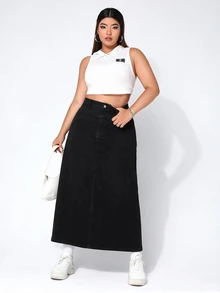 Rivivi Plus Size Casual Denim Skirt, Autumn - Black - View 3