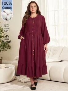 EMERY ROSE Plus Size Burgundy Ruched Button Front Ruffle Round Neck Long Sleeve Dress Fall Winter 2026 - Burgundy - View 11