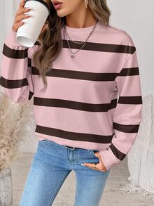 SHEIN LUNE 女款時尚條紋拼接配色長袖運動衫，適合日常穿著 - 白色 - 查看 4
